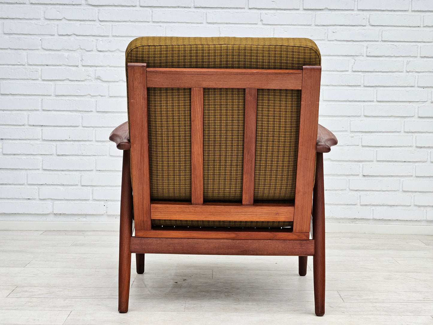 1970s, Danish teak wood armchair, original condition, green furniture fabric.