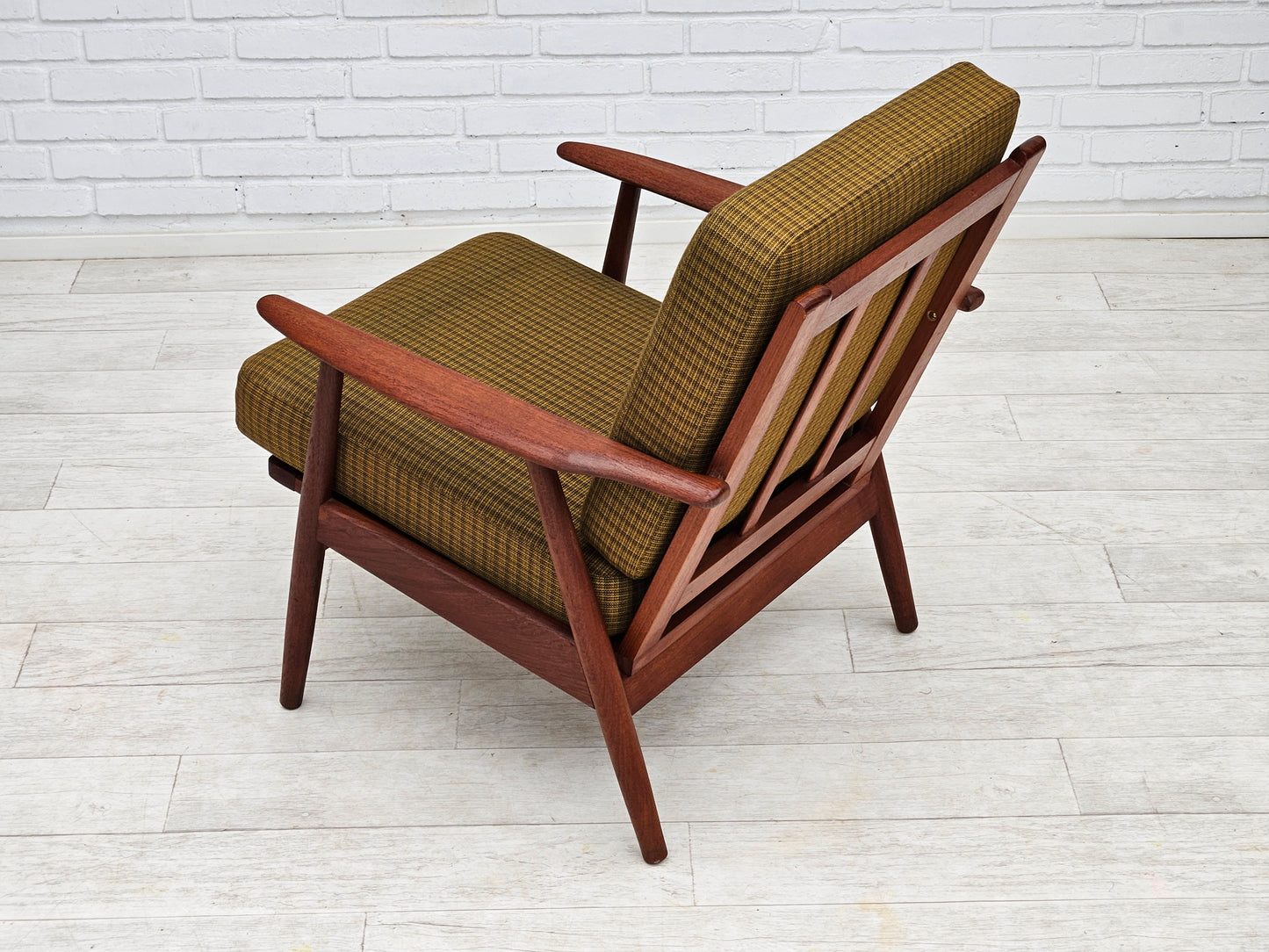 1970s, Danish teak wood armchair, original condition, green furniture fabric.