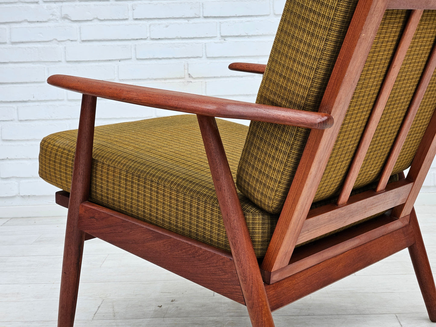 1970s, Danish teak wood armchair, original condition, green furniture fabric.