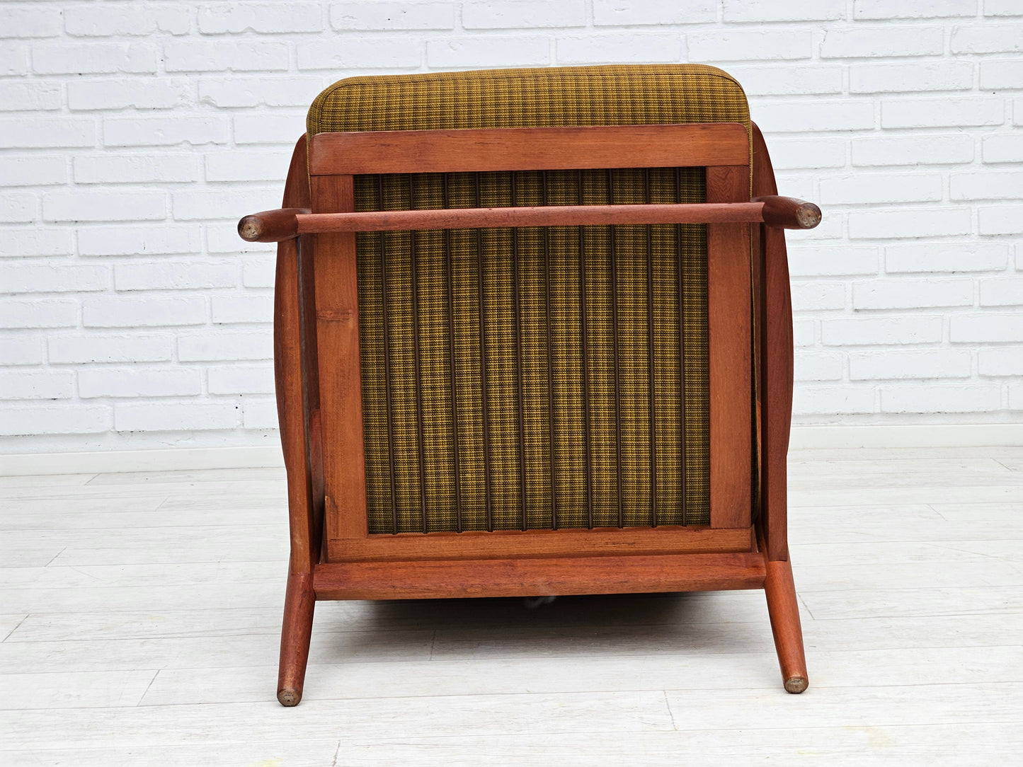 1970s, Danish teak wood armchair, original condition, green furniture fabric.