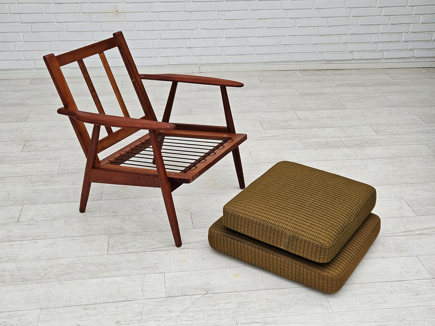 1970s, Danish teak wood armchair, original condition, green furniture fabric.