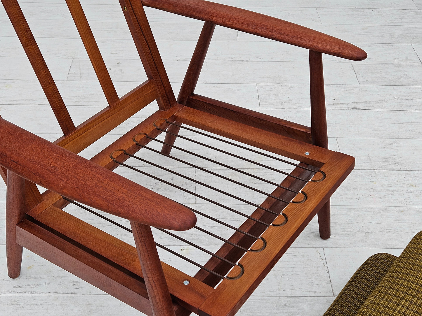 1970s, Danish teak wood armchair, original condition, green furniture fabric.