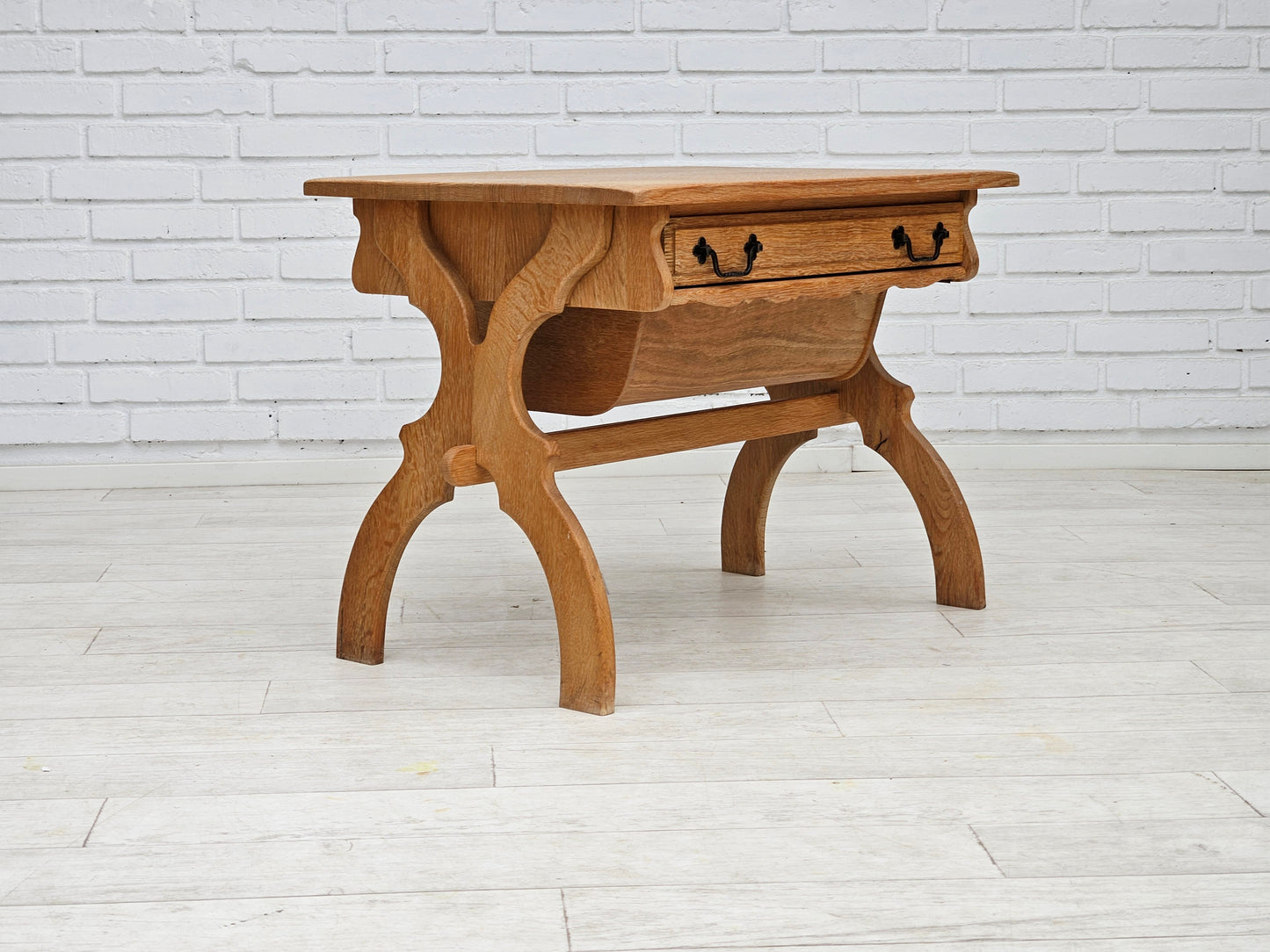 1970s, Scandinavian solid oak wood sewing table with drawers.