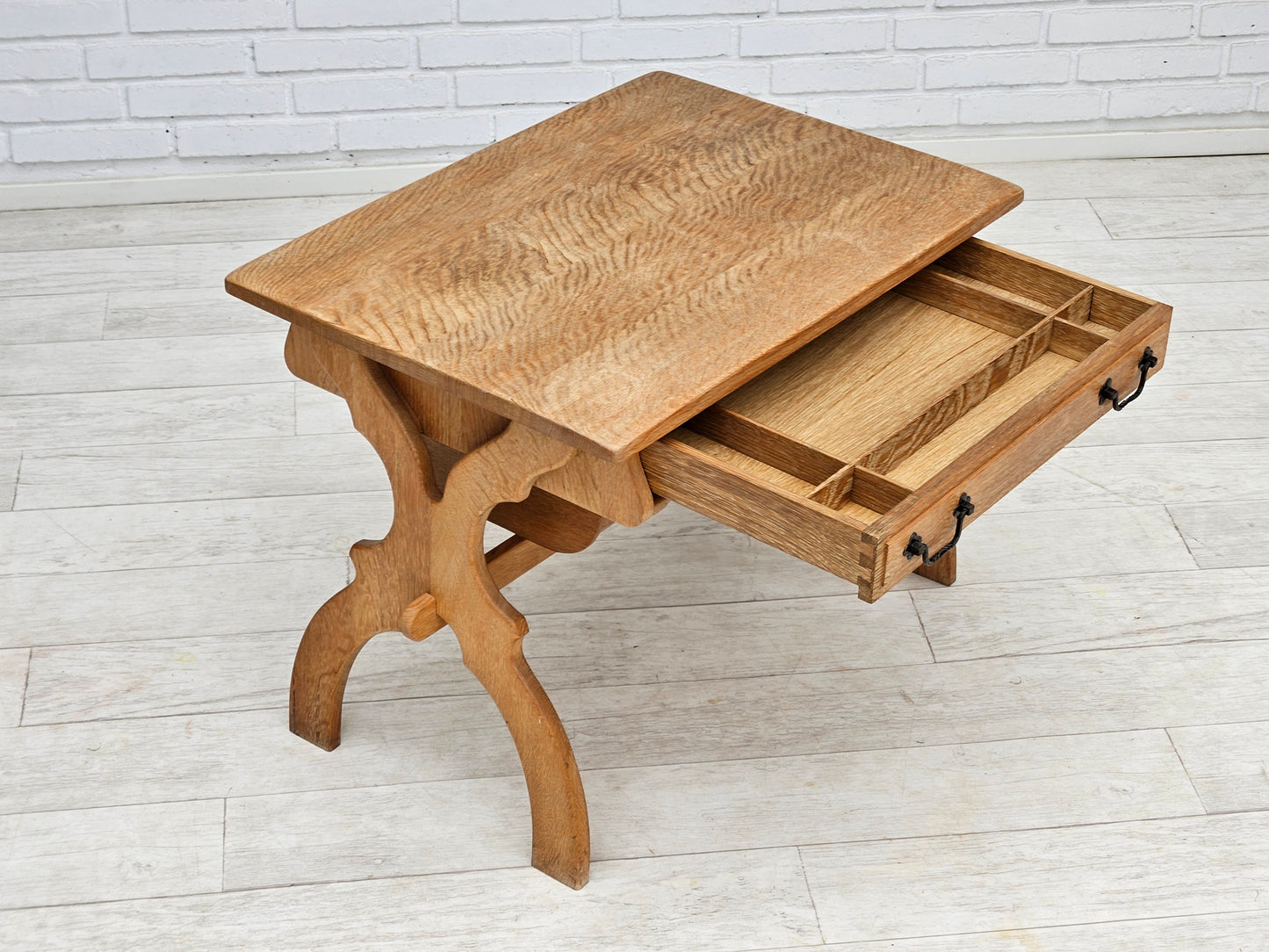 1970s, Scandinavian solid oak wood sewing table with drawers.