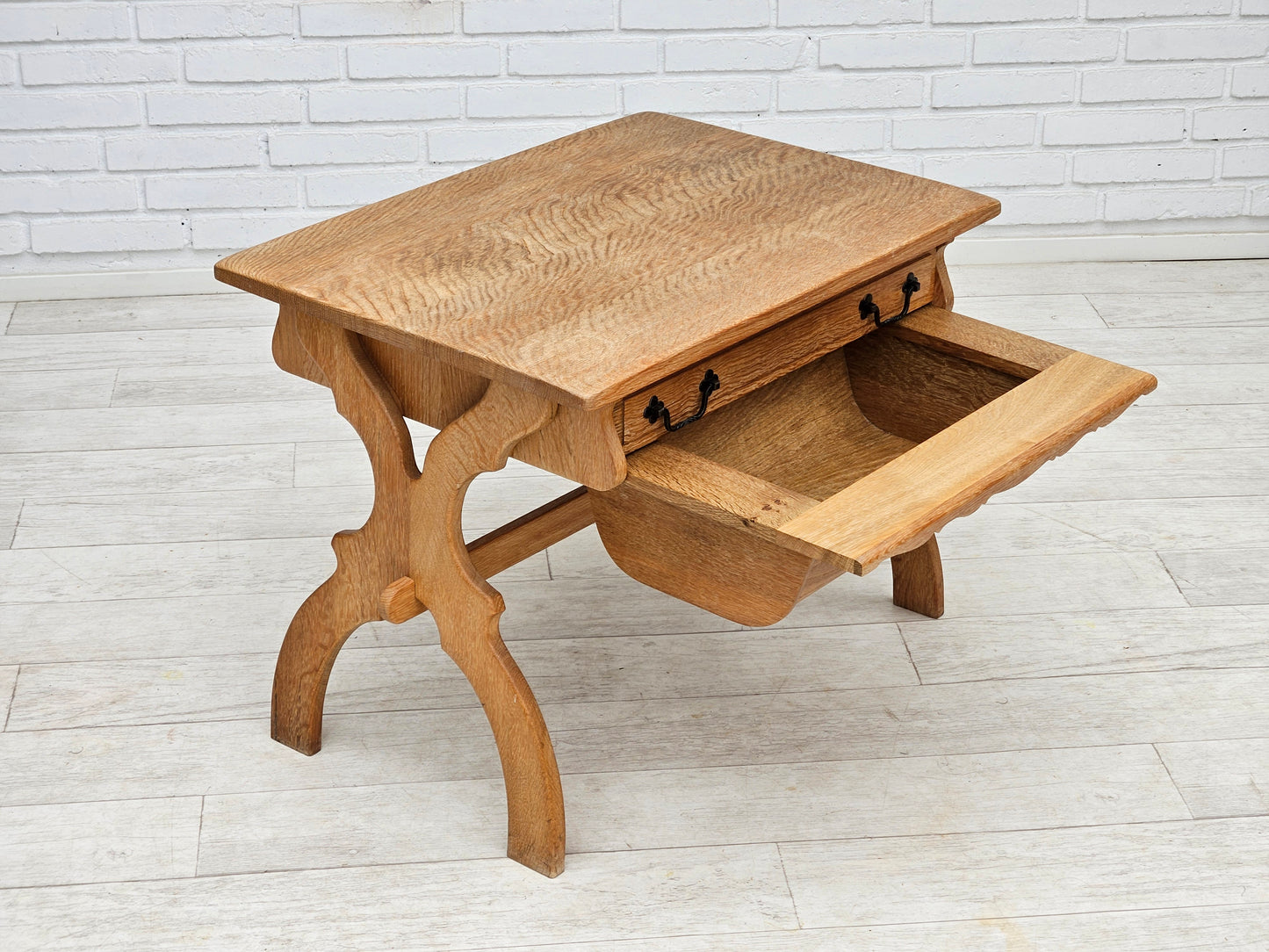 1970s, Scandinavian solid oak wood sewing table with drawers.