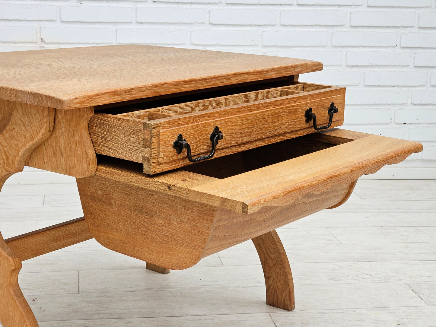 1970s, Scandinavian solid oak wood sewing table with drawers.