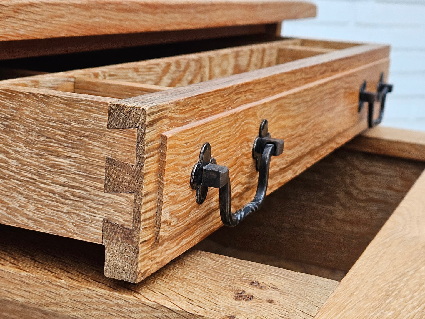 1970s, Scandinavian solid oak wood sewing table with drawers.