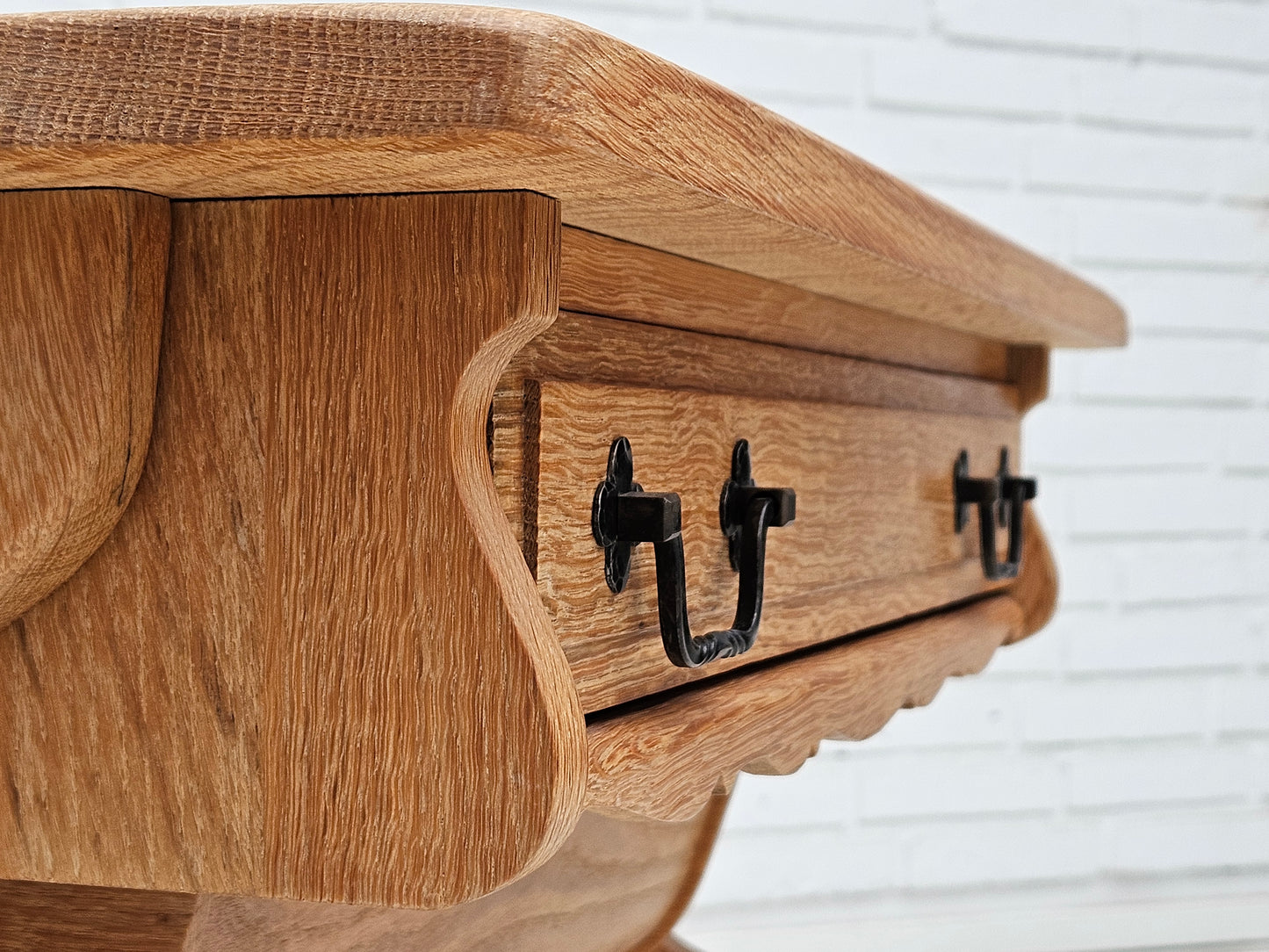 1970s, Scandinavian solid oak wood sewing table with drawers.