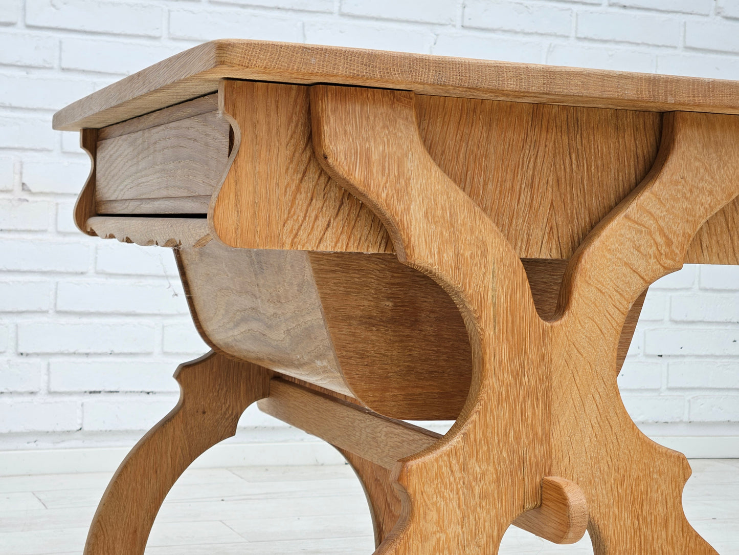 1970s, Scandinavian solid oak wood sewing table with drawers.