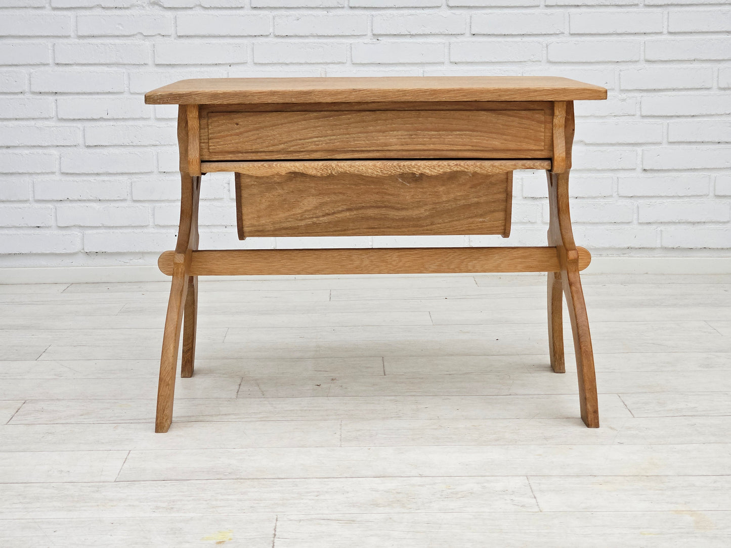 1970s, Scandinavian solid oak wood sewing table with drawers.