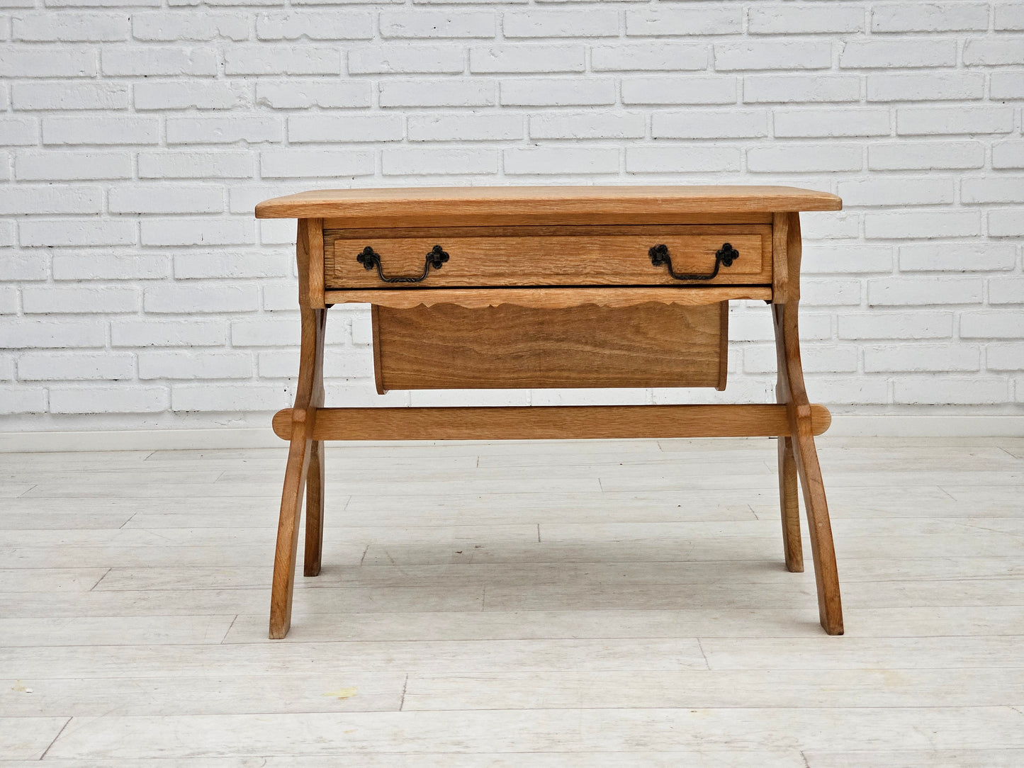 1970s, Scandinavian solid oak wood sewing table with drawers.