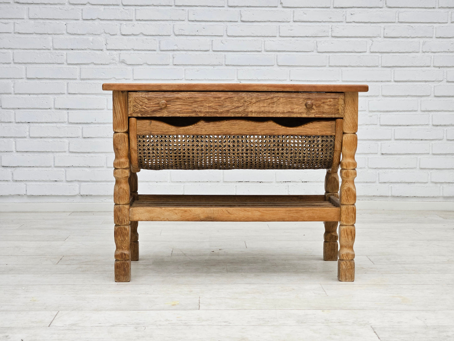 1970s, Scandinavian sewing table, solid oak wood, rattan.