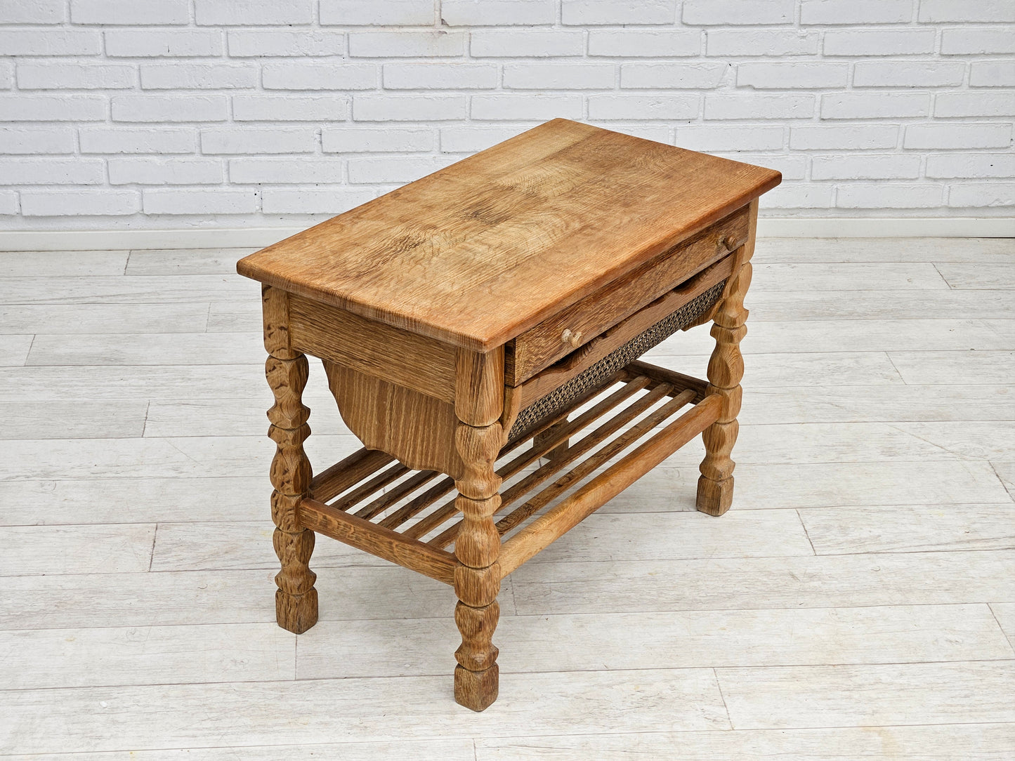 1970s, Scandinavian sewing table, solid oak wood, rattan.