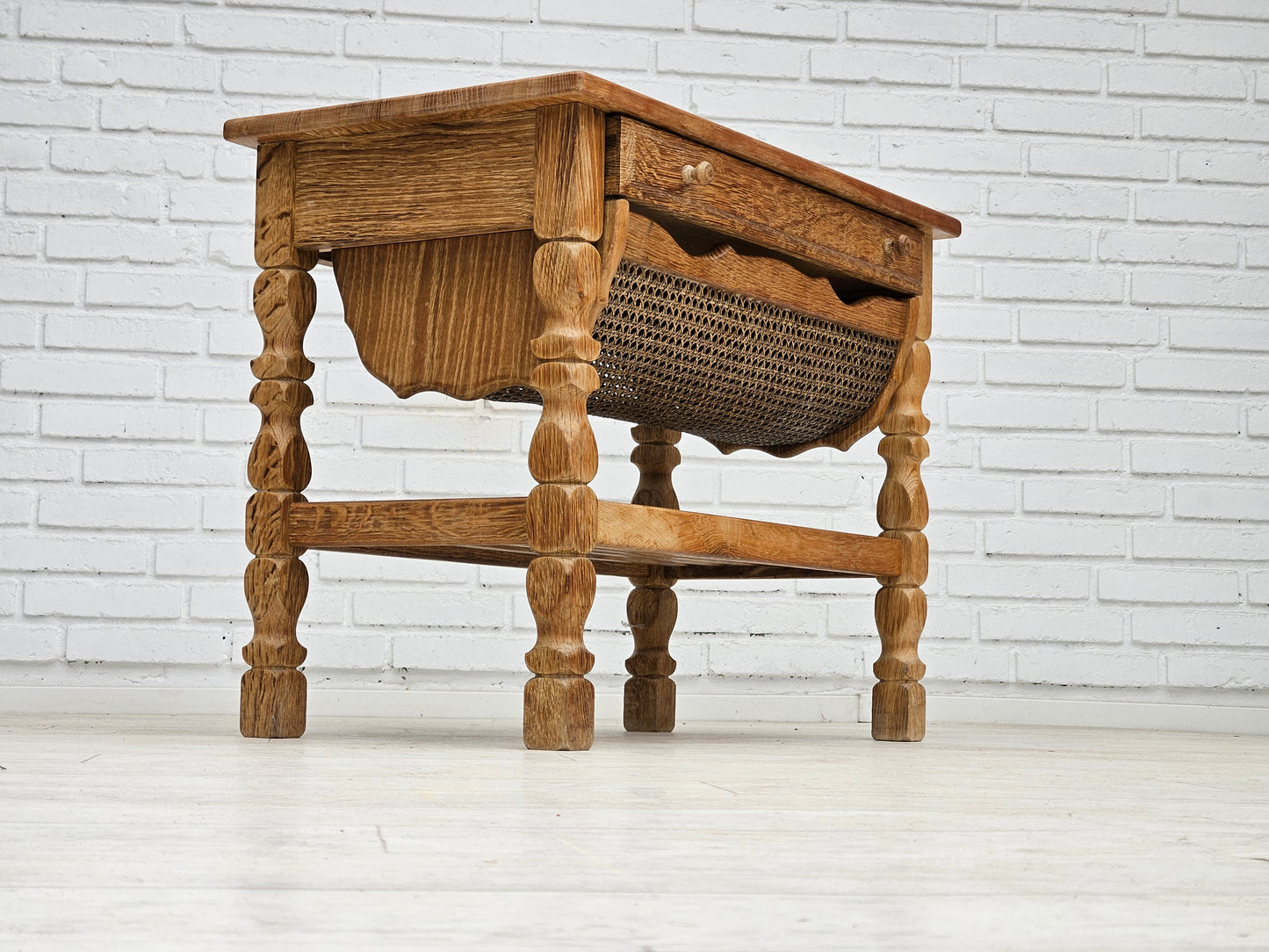 1970s, Scandinavian sewing table, solid oak wood, rattan.