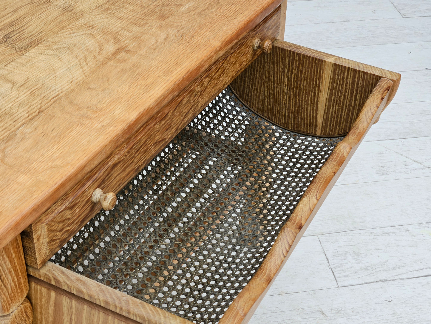 1970s, Scandinavian sewing table, solid oak wood, rattan.