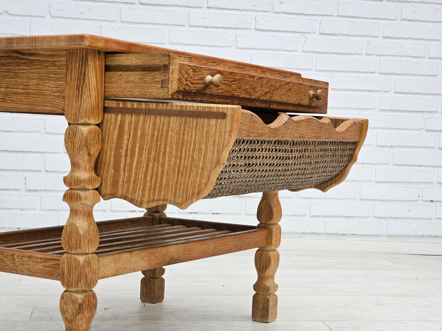 1970s, Scandinavian sewing table, solid oak wood, rattan.