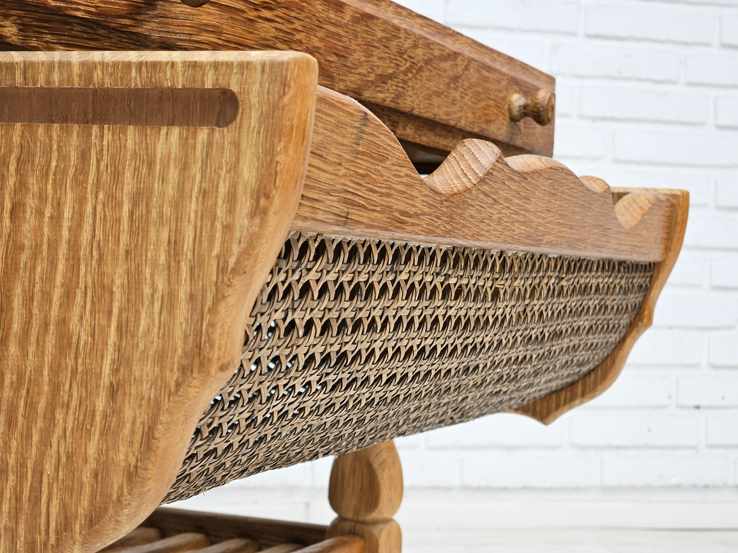 1970s, Scandinavian sewing table, solid oak wood, rattan.