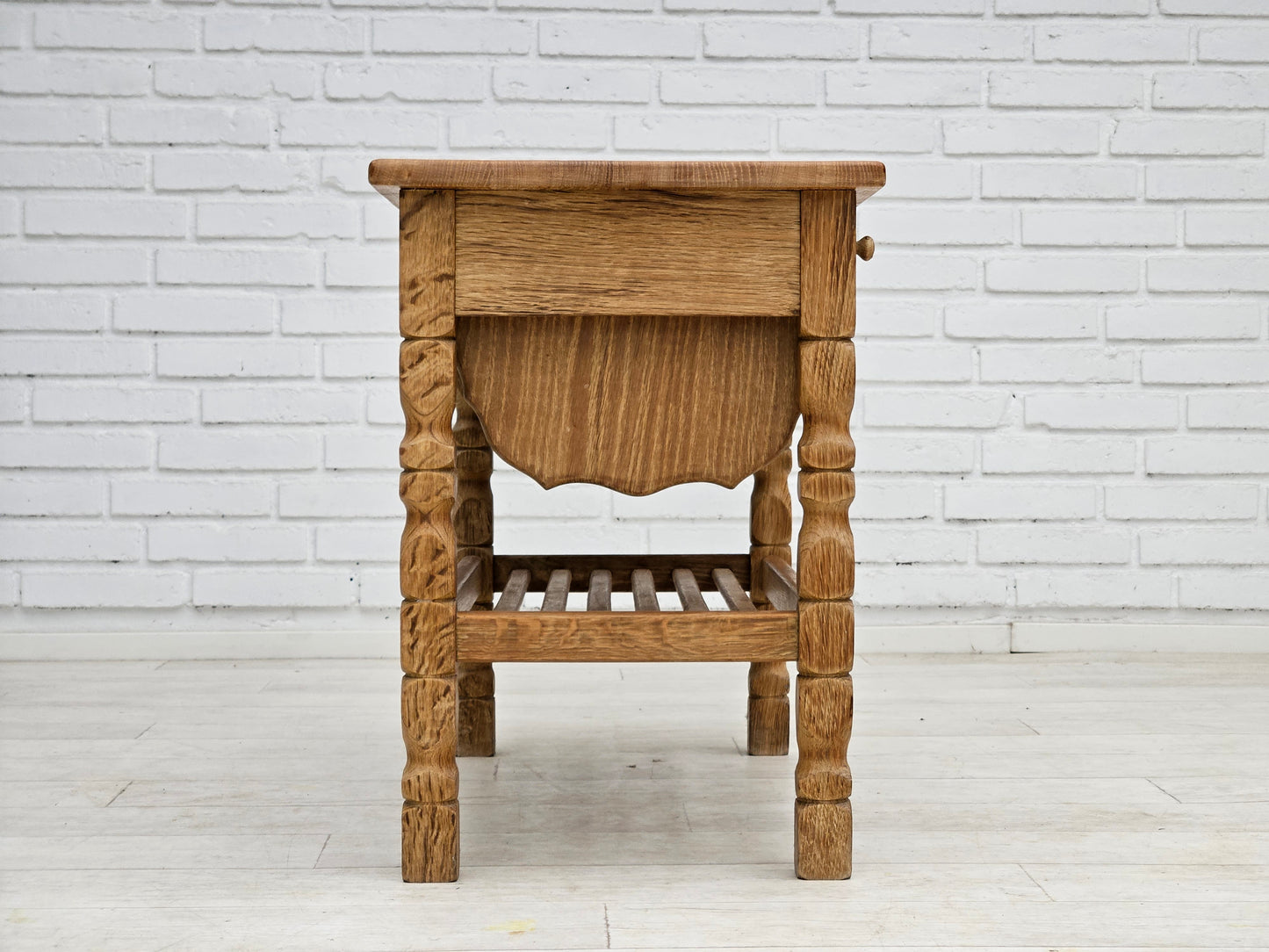 1970s, Scandinavian sewing table, solid oak wood, rattan.