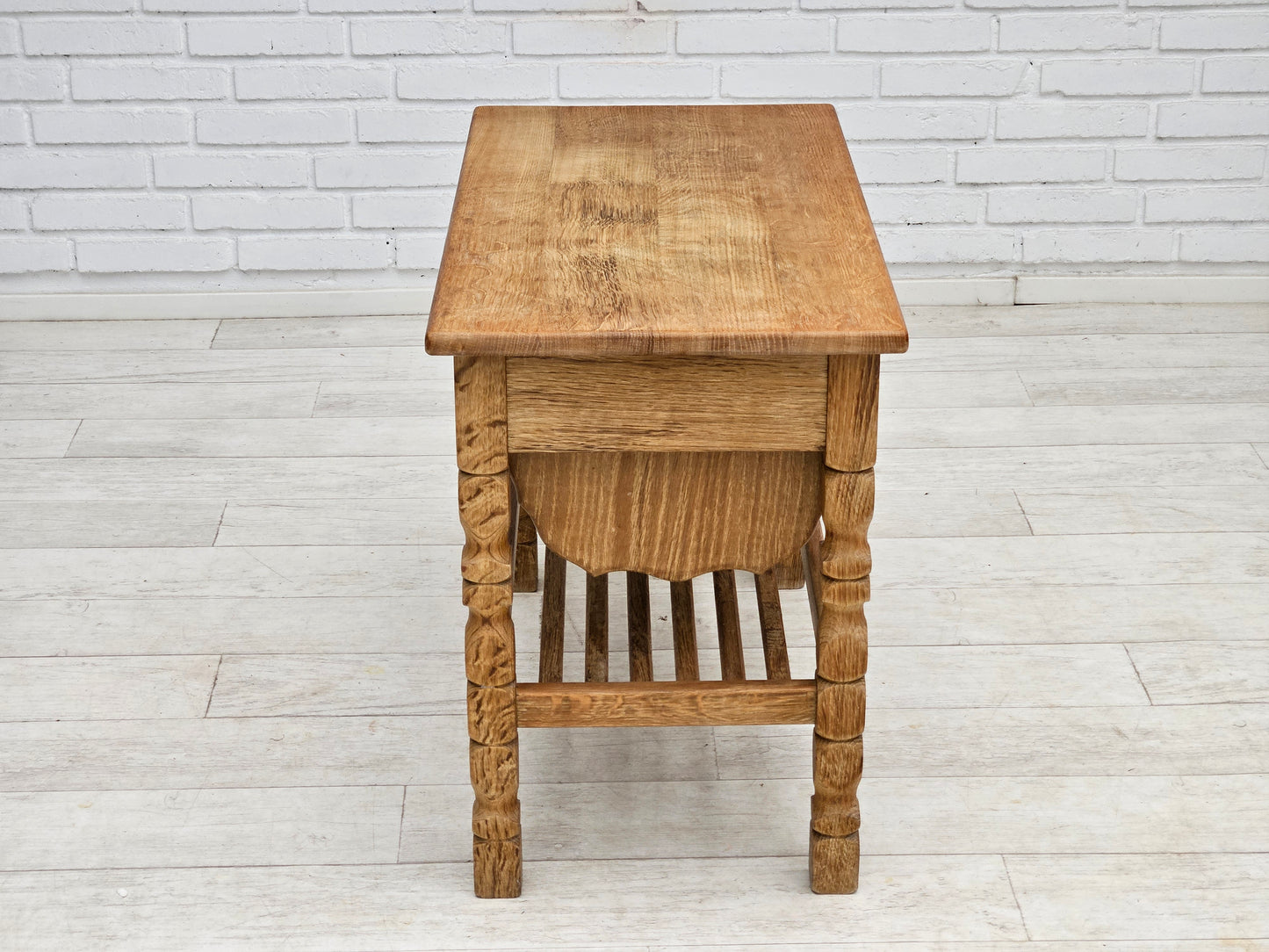 1970s, Scandinavian sewing table, solid oak wood, rattan.