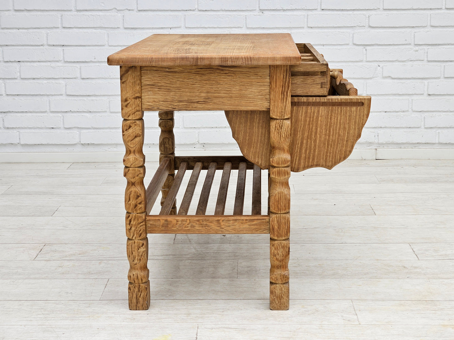 1970s, Scandinavian sewing table, solid oak wood, rattan.