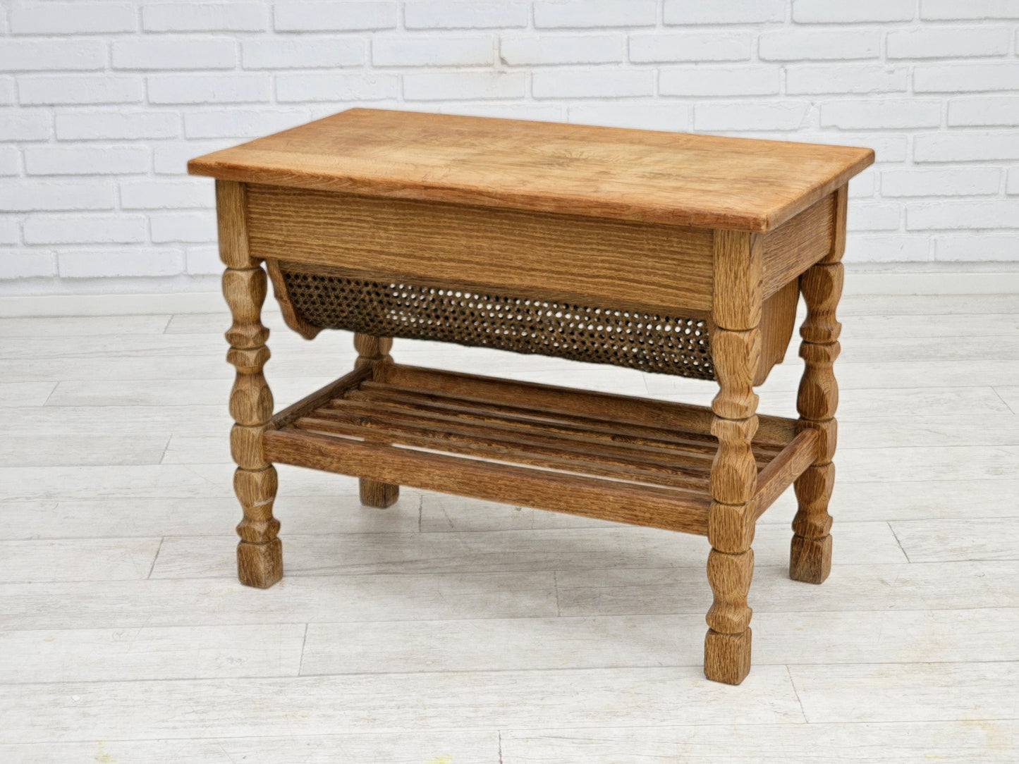 1970s, Scandinavian sewing table, solid oak wood, rattan.