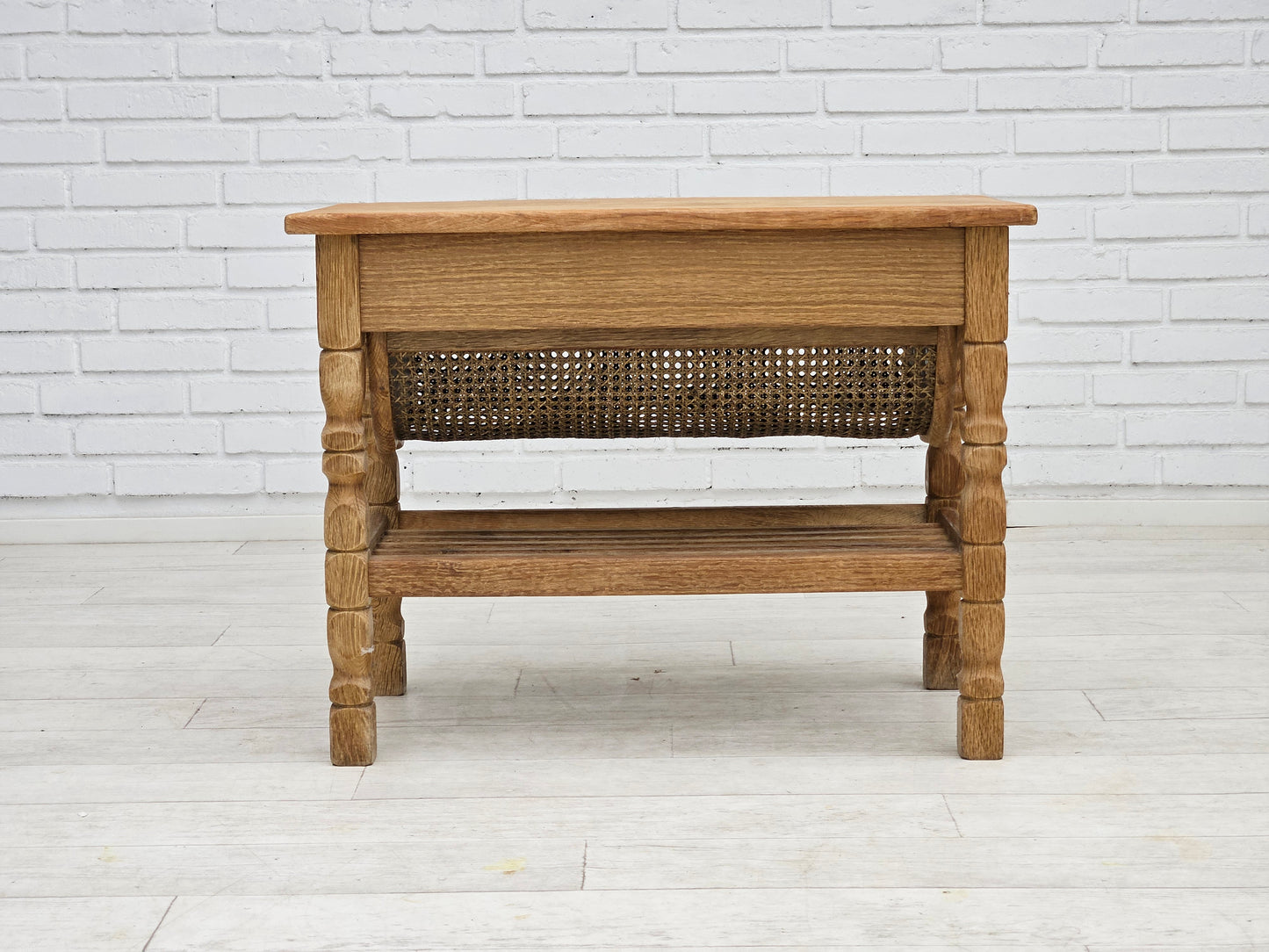 1970s, Scandinavian sewing table, solid oak wood, rattan.