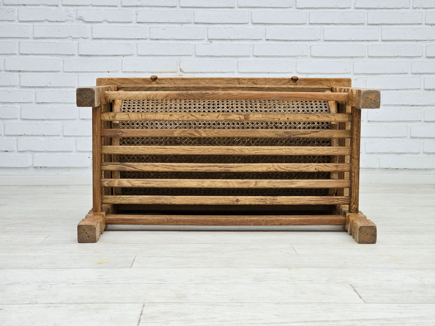 1970s, Scandinavian sewing table, solid oak wood, rattan.