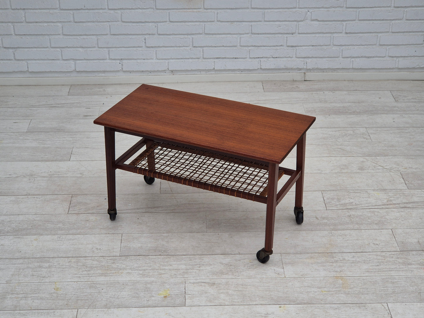 1970s, Danish side table, original very good condition, teak wood, rattan.