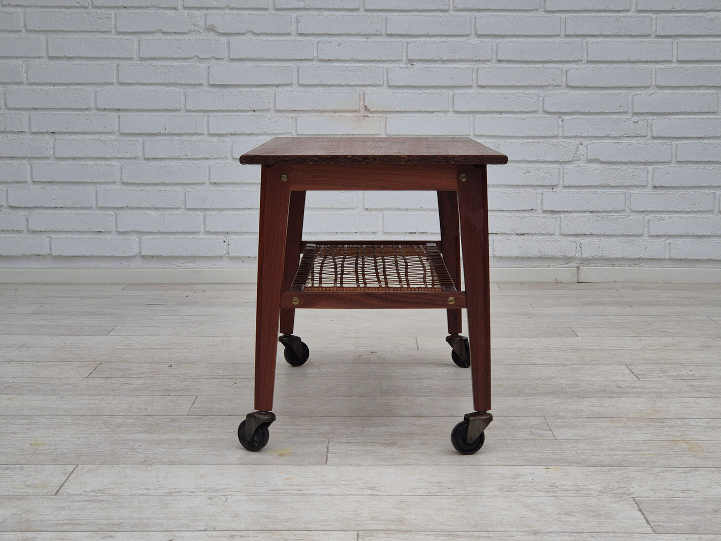 1970s, Danish side table, original very good condition, teak wood, rattan.