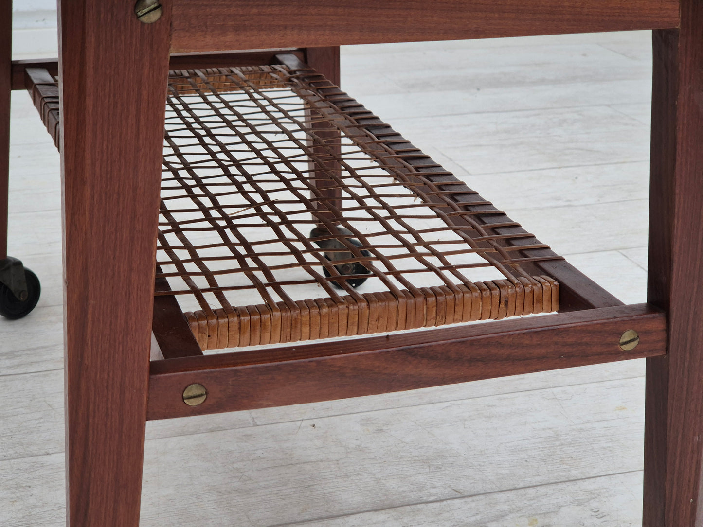 1970s, Danish side table, original very good condition, teak wood, rattan.