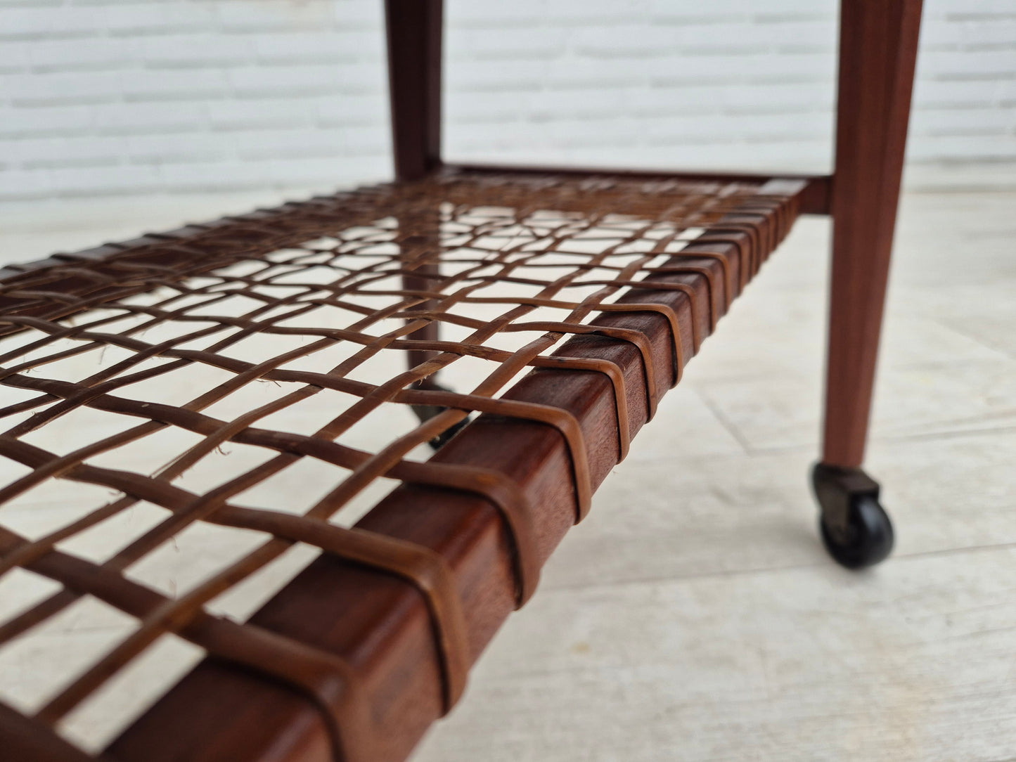 1970s, Danish side table, original very good condition, teak wood, rattan.