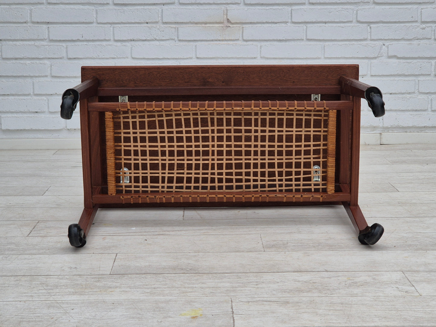 1970s, Danish side table, original very good condition, teak wood, rattan.