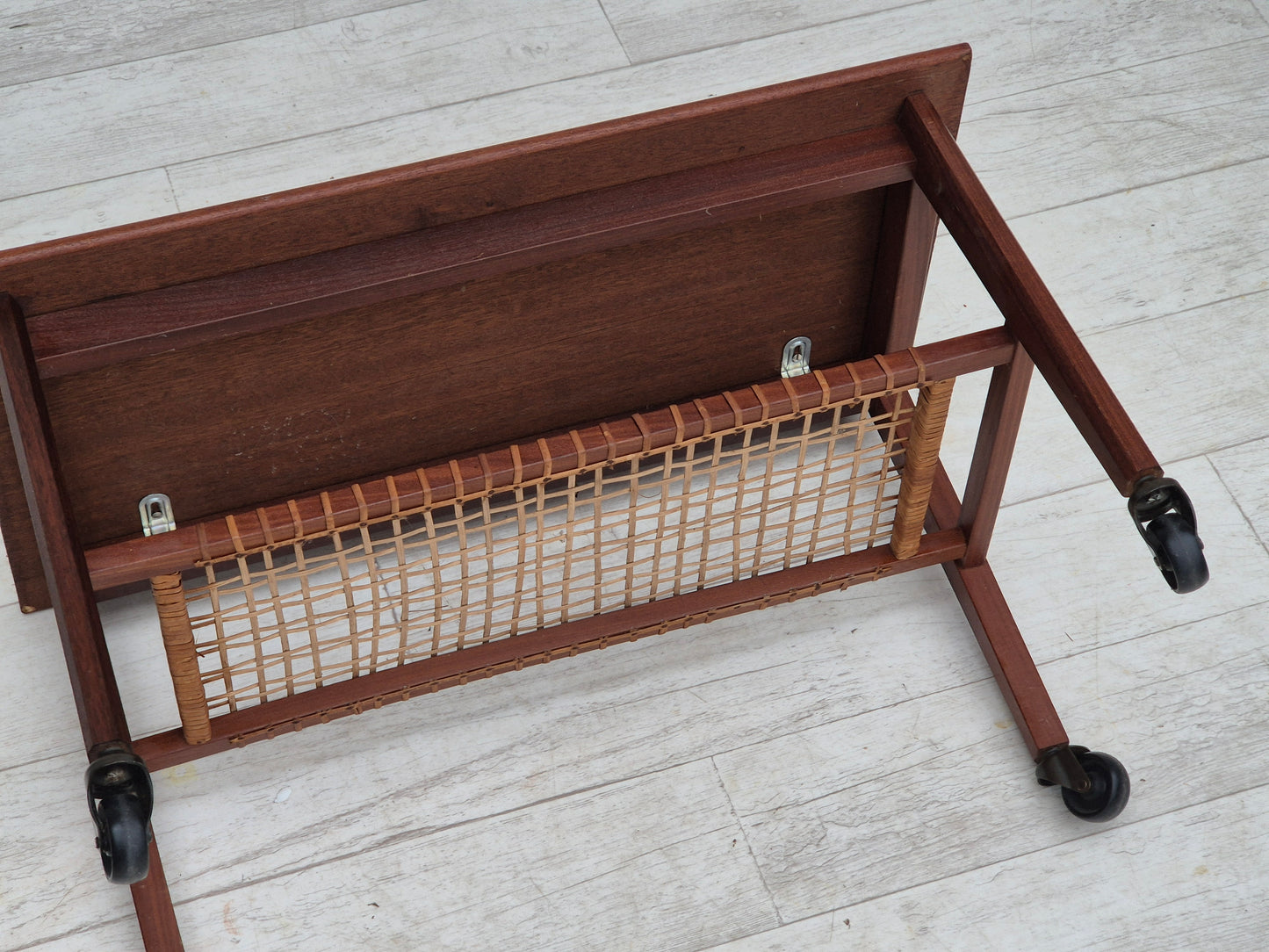 1970s, Danish side table, original very good condition, teak wood, rattan.