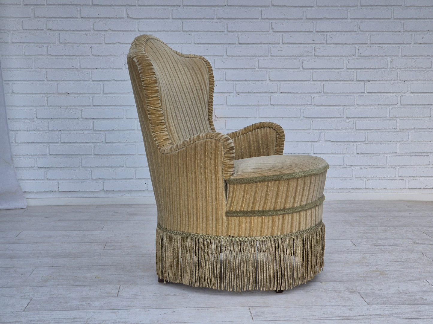 1970s, pair of Danish armchairs, original condition, green furniture velour.