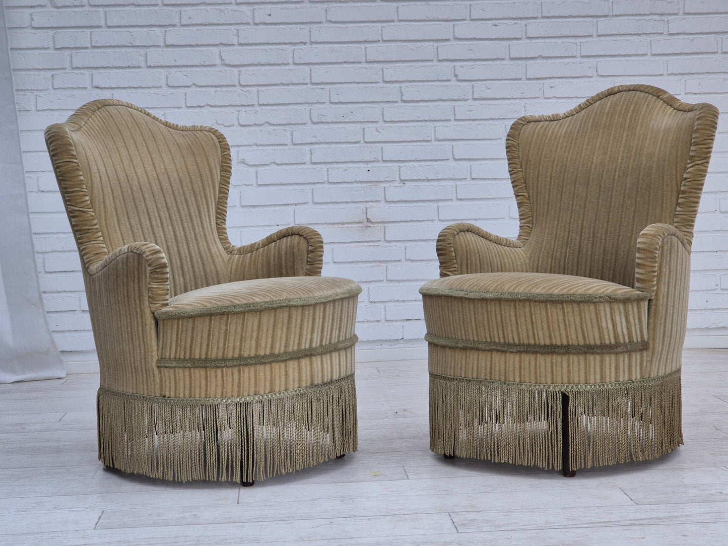 1970s, pair of Danish armchairs, original condition, green furniture velour.