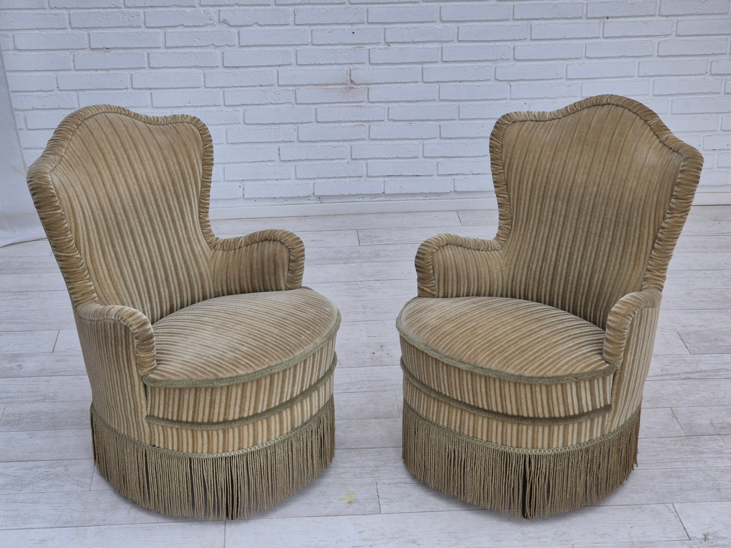 1970s, pair of Danish armchairs, original condition, green furniture velour.