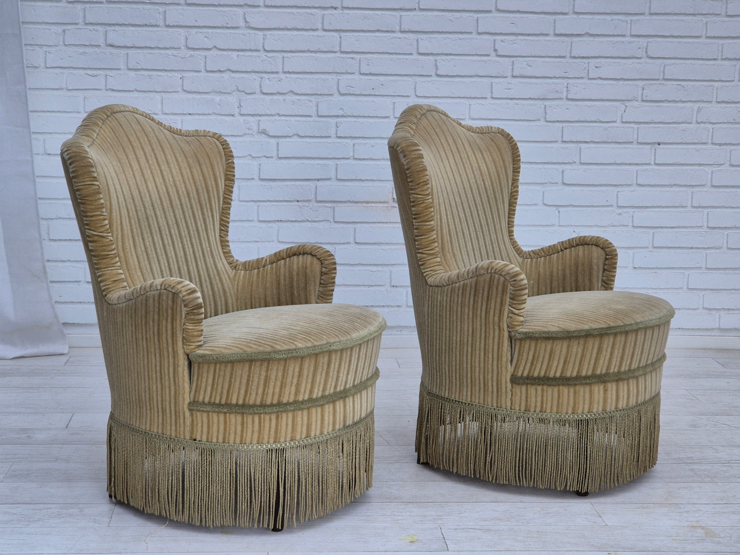 1970s, pair of Danish armchairs, original condition, green furniture velour.