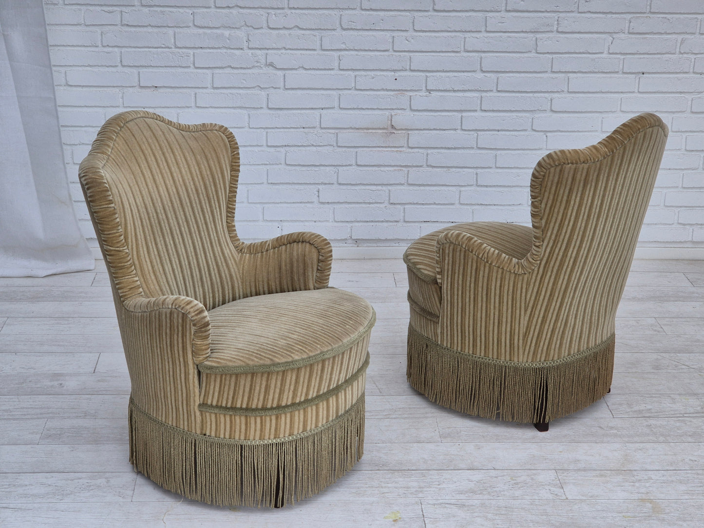 1970s, pair of Danish armchairs, original condition, green furniture velour.