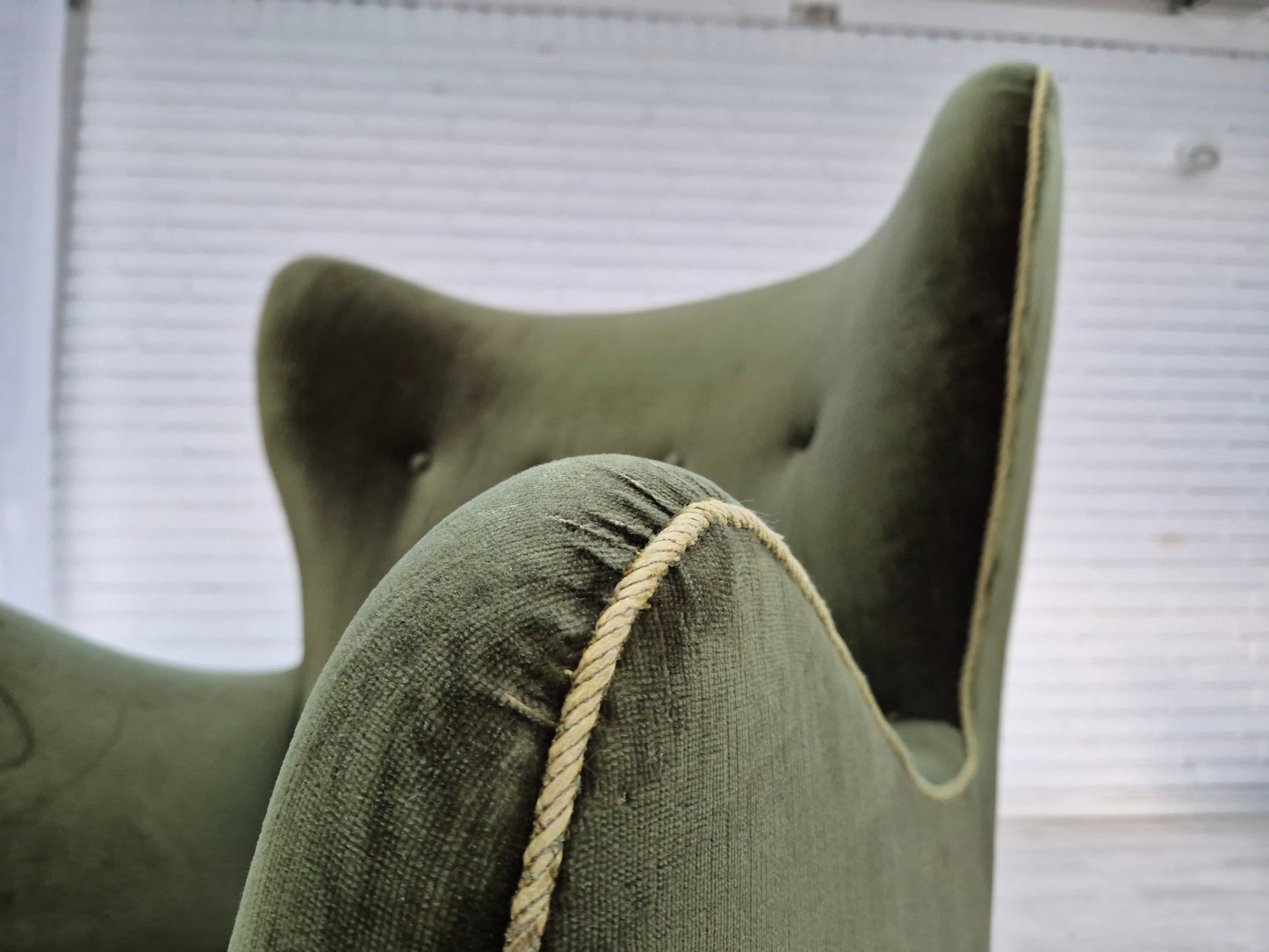 1960s, Danish highback relax armchair, original condition, green furniture velour.