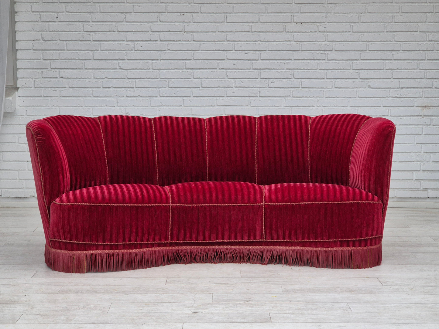 1960s, Danish 3-seater "Banan" sofa, original cherry-red furniture velour.