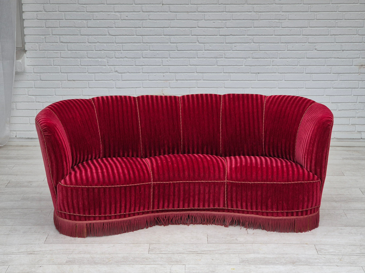 1960s, Danish 3-seater "Banan" sofa, original cherry-red furniture velour.