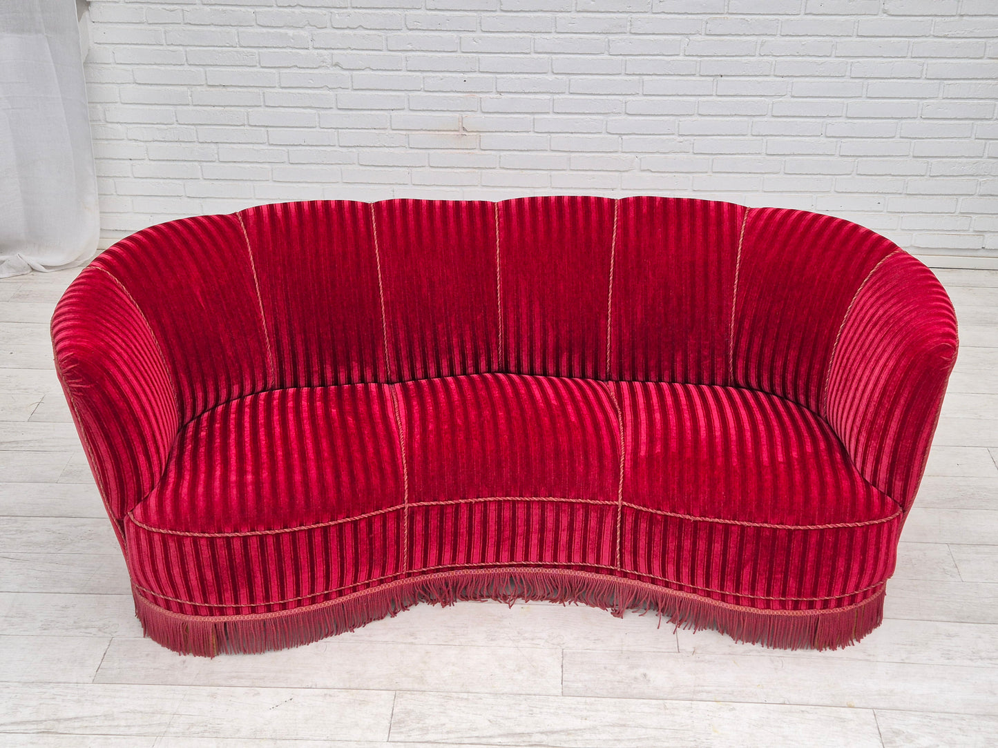 1960s, Danish 3-seater "Banan" sofa, original cherry-red furniture velour.