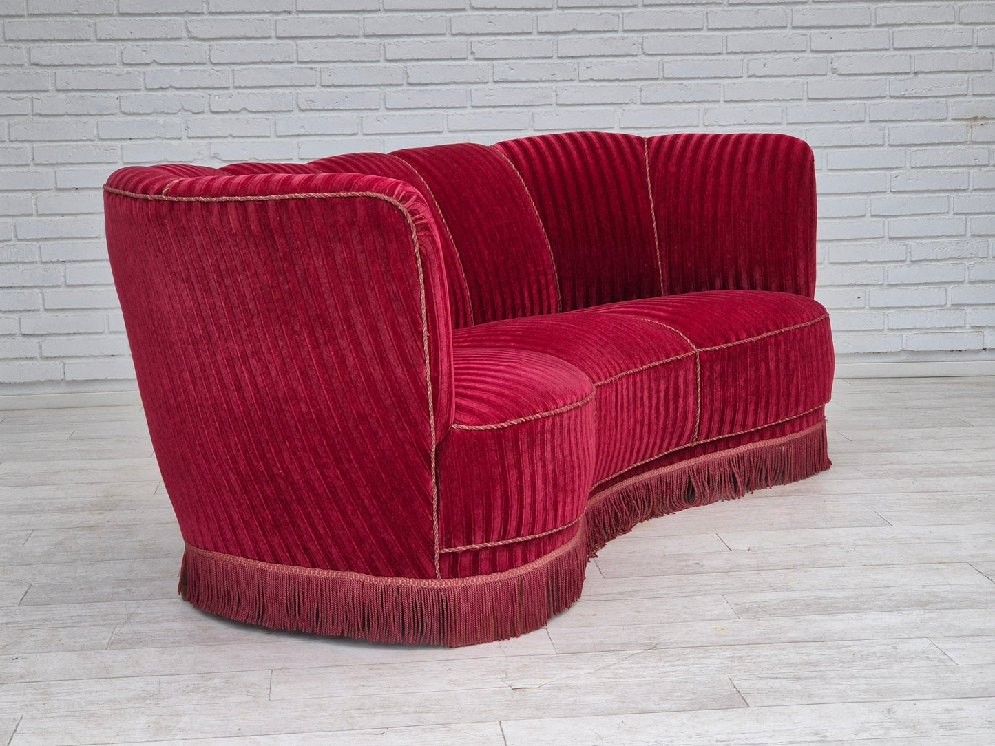 1960s, Danish 3-seater "Banan" sofa, original cherry-red furniture velour.