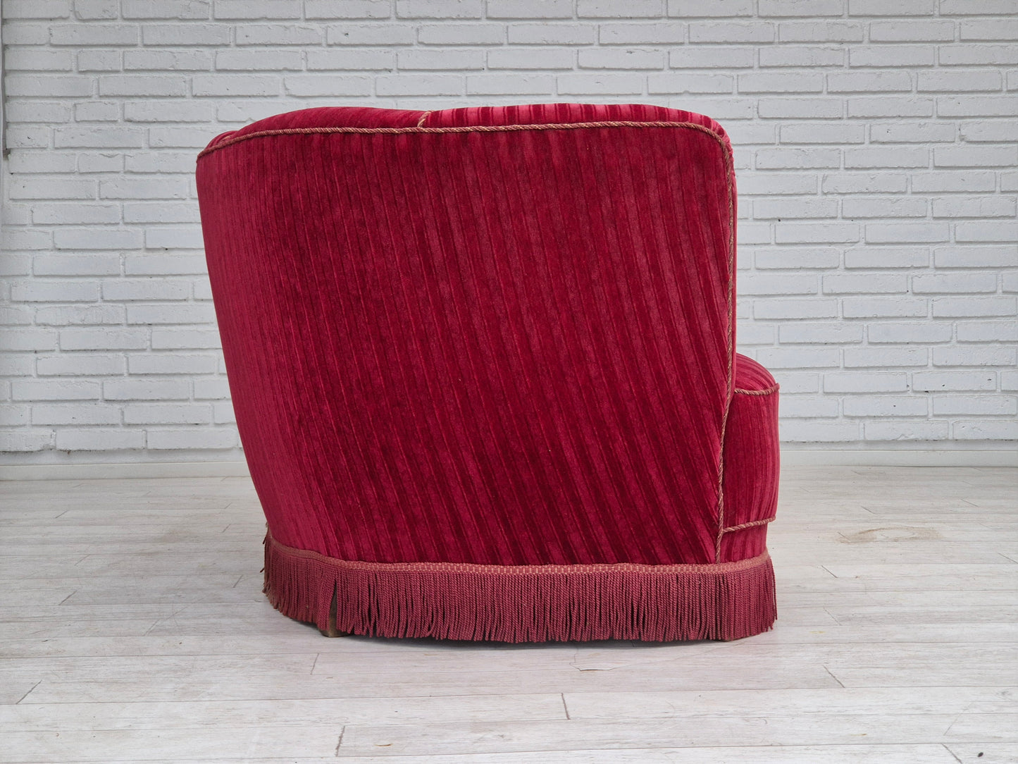 1960s, Danish 3-seater "Banan" sofa, original cherry-red furniture velour.