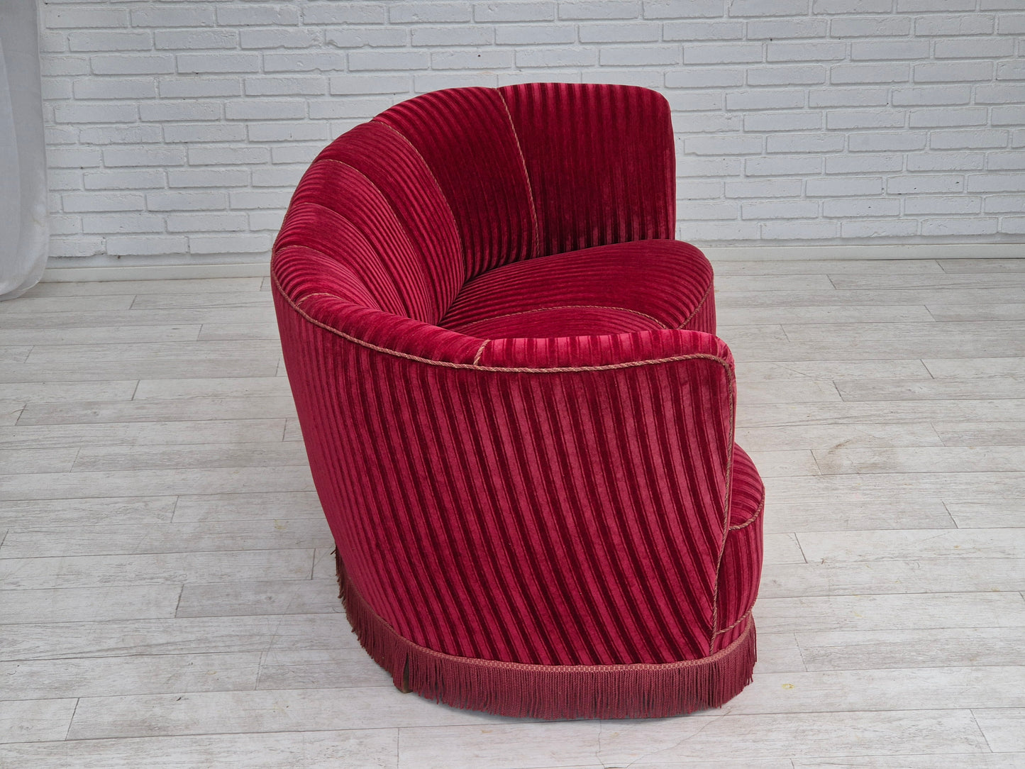 1960s, Danish 3-seater "Banan" sofa, original cherry-red furniture velour.