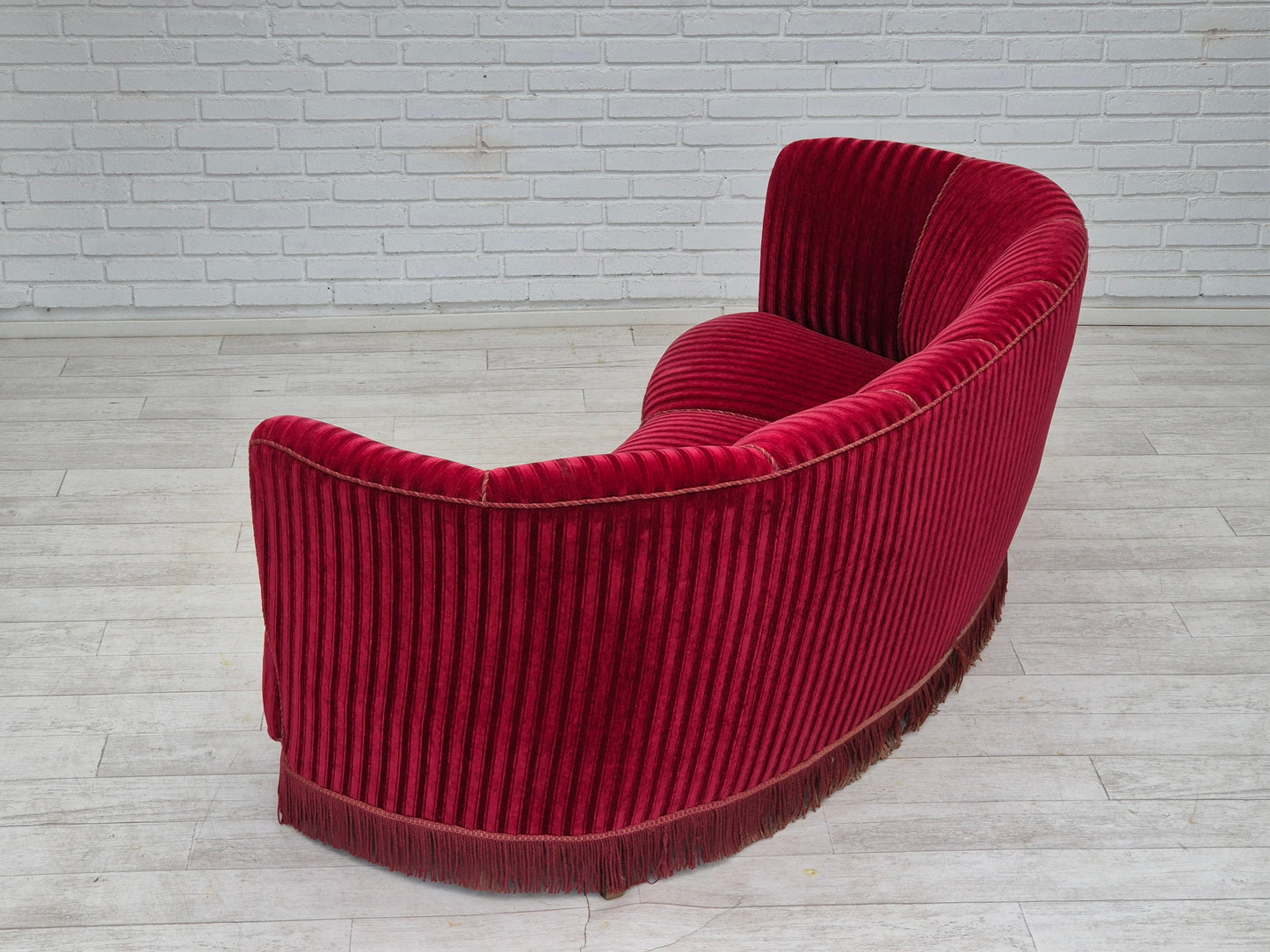 1960s, Danish 3-seater "Banan" sofa, original cherry-red furniture velour.