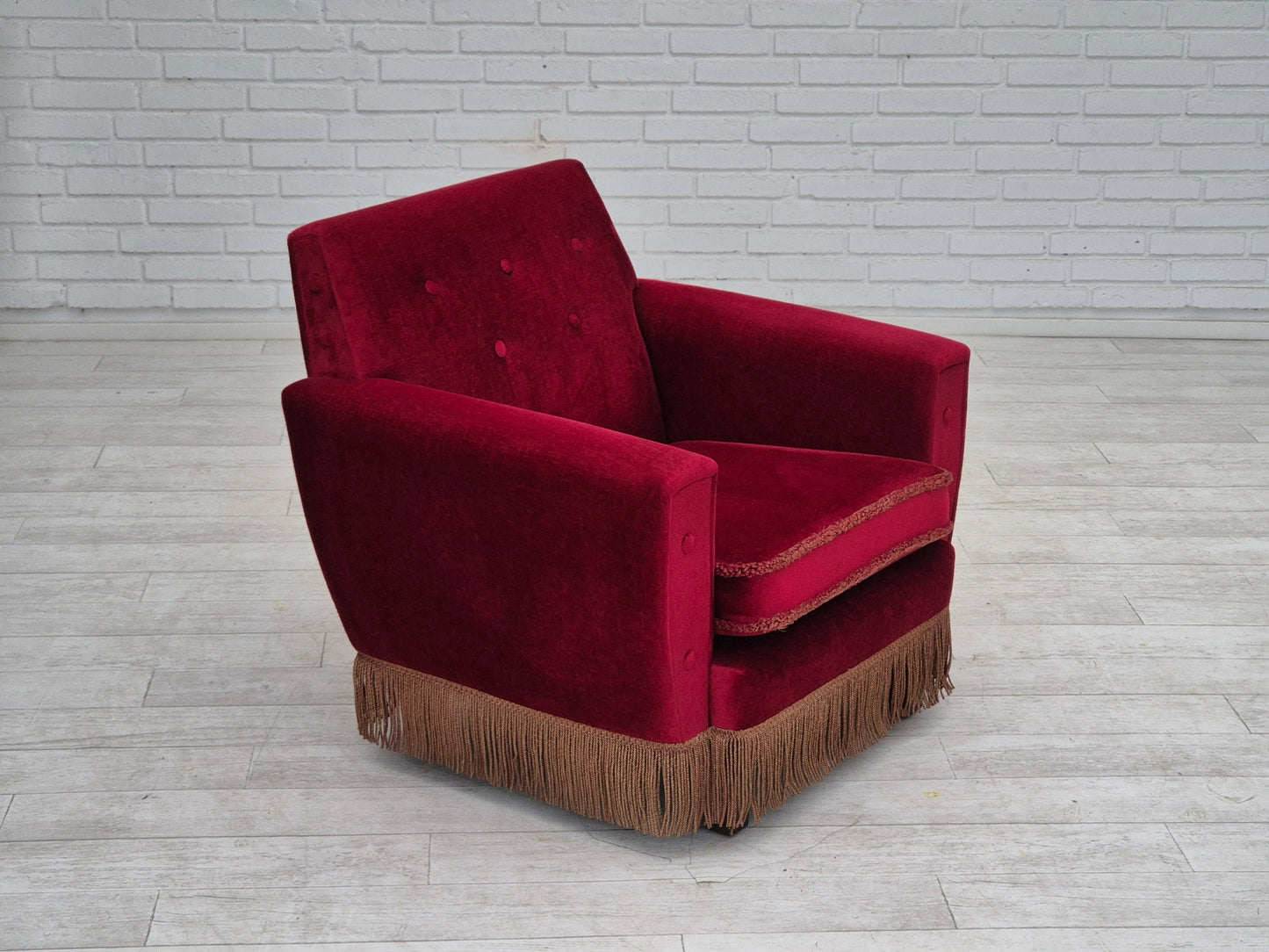 1970s, Danish lounge chair, original condition, cherry-red velour fabric.