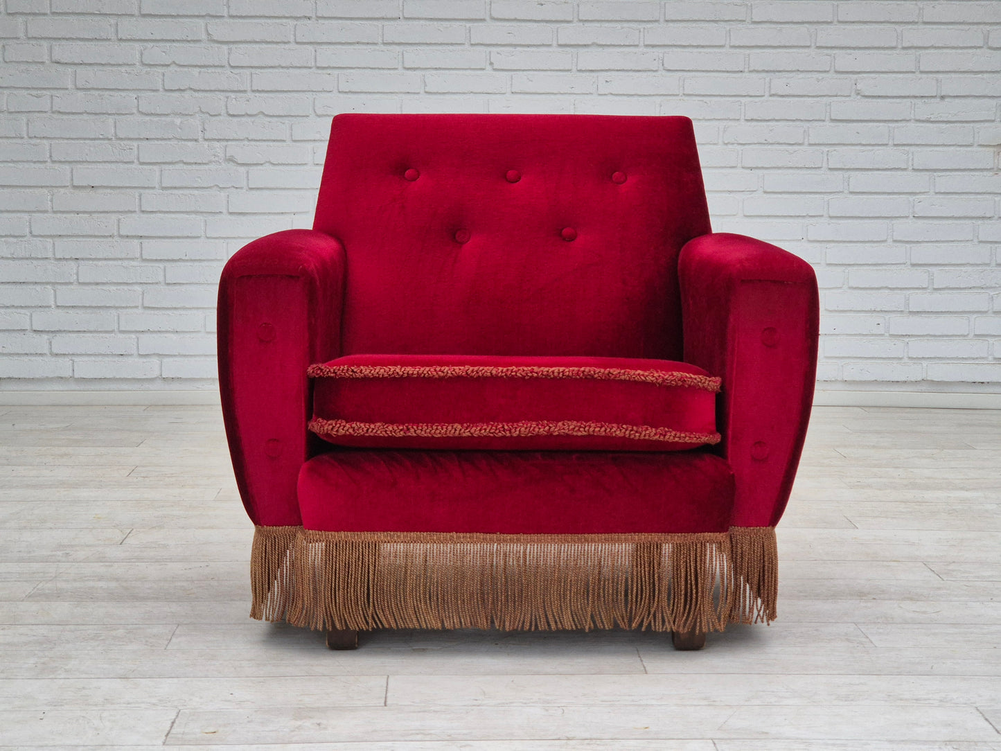 1970s, Danish lounge chair, original condition, cherry-red velour fabric.