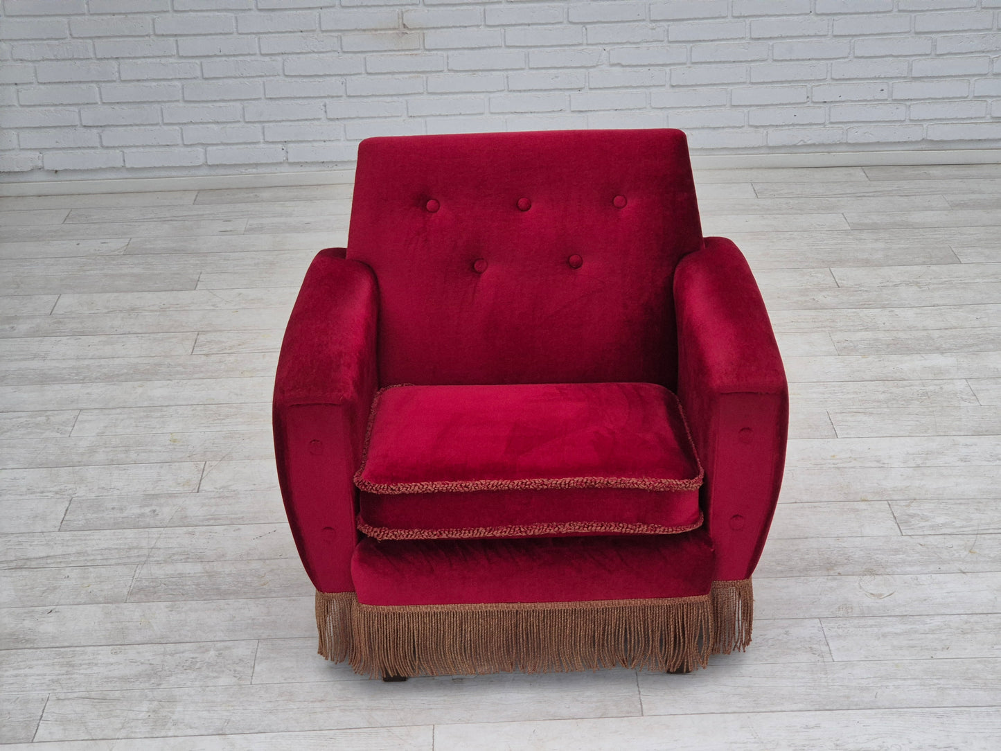 1970s, Danish lounge chair, original condition, cherry-red velour fabric.