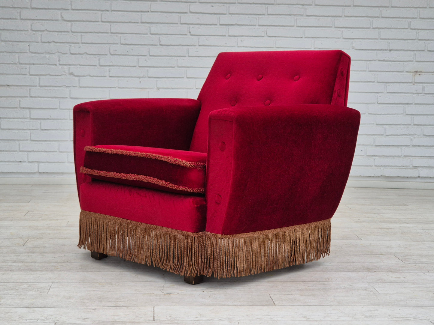 1970s, Danish lounge chair, original condition, cherry-red velour fabric.